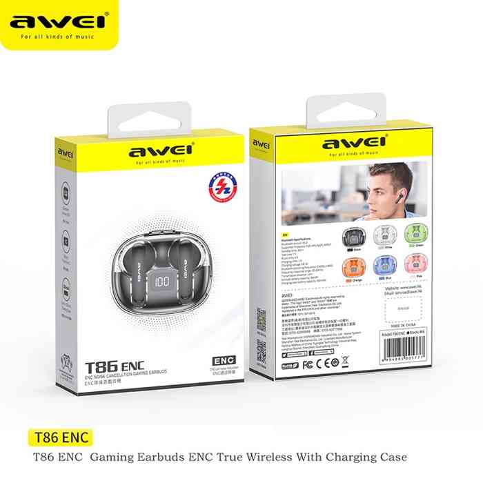 Awei T86 ENC Noise Canceling Earphones Wireless Bluetooth Earbuds HiFi Stereo Headphones with Digital Display Charging Case